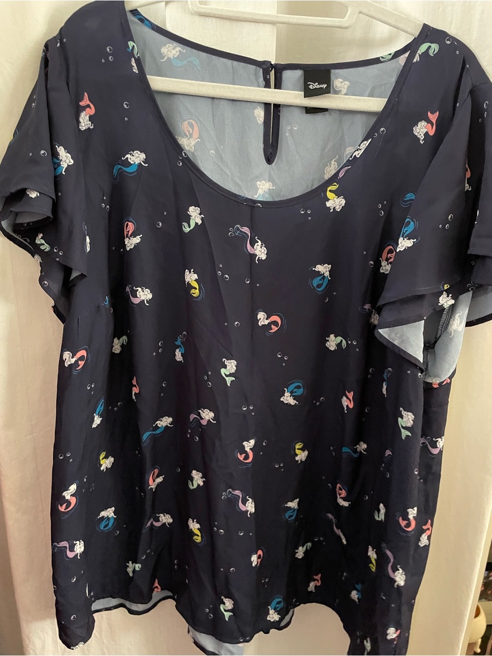 Disney Navy and Multicolor Mermaid Print Flutter Sleeve Top
